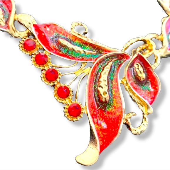 Gold plated Red green purple sparkly crystal feather necklace earrings sets - Picture 9 of 16